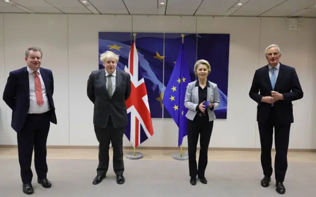 The UK's chief Brexit negotiator, Lord David Frost, Prime Minister Boris Johnson, European Commission president Ursula von der Leyen, and EU chief negotiator Michel Barnier