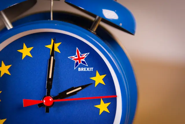 A clock with EU and UK flags