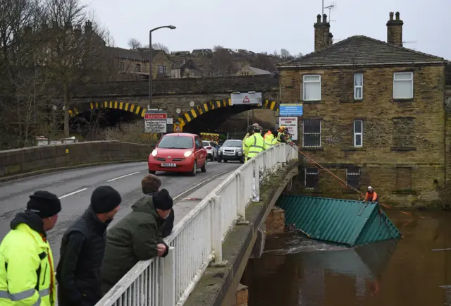 Trapped shipping container at Rastrick bridge