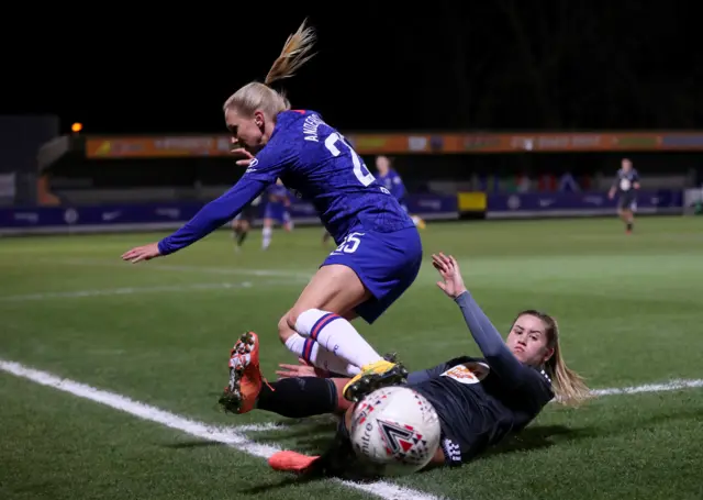 Jonna Andersson of Chelsea is challenged by Georgia Brougham of Birmingham