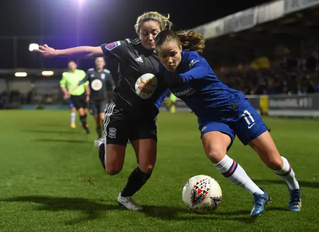 Brianna Visalli of Birmingham City battles for possession with Guro Reiten