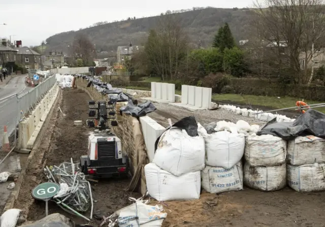 Flood defences in Mytholmroyd in the Upper Calder Valley in West Yorkshire