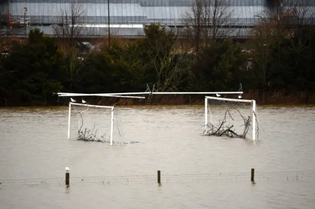 Flooded football field in Tadcaster, North Yorkshire.