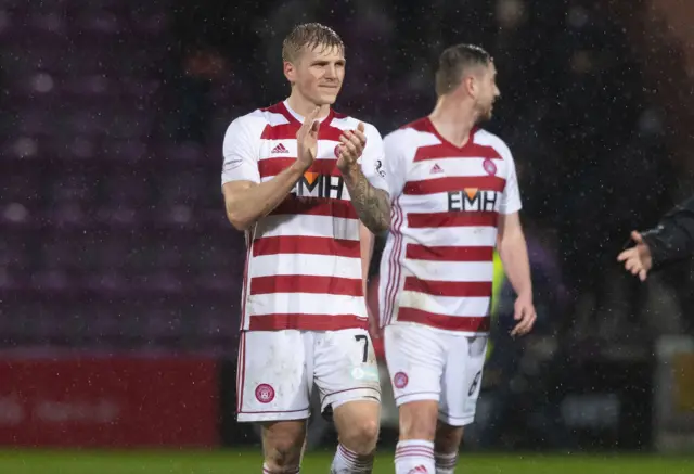 Hamilton's Will Collar applauds the away supporters at Tynecastle