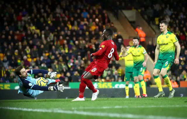 Tim Krul of Norwich City saves from Naby Keita of Liverpool during the Premier League match between Norwich City and Liverpool FC