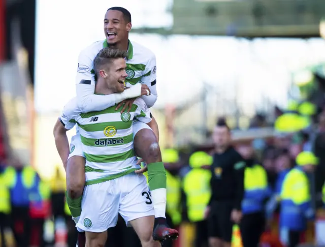 Celtic's Christopher Jullien and Kristoffer Ajer celebrate