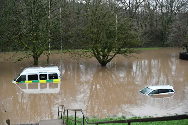 Submerged vehicles in Nantgarw, south Wales