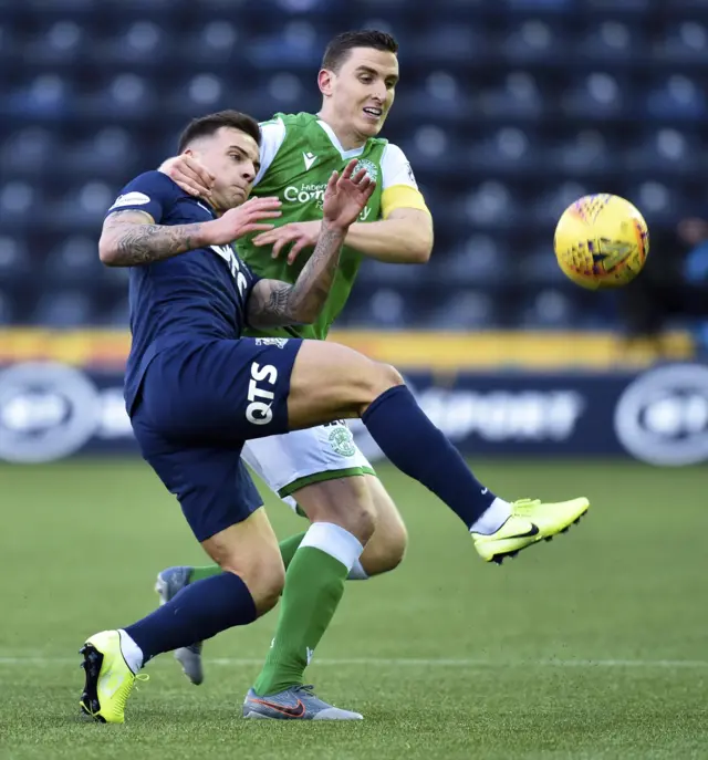 KIlmarnock forward Eamonn Brophy and Hibernian captain Paul Hanlon vie for possession