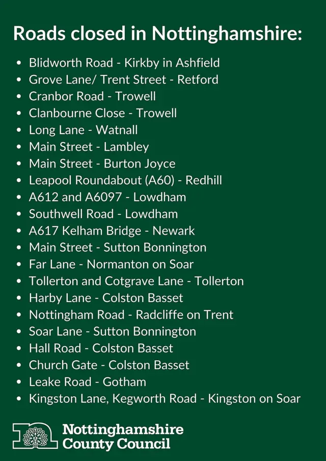 Roads closed in Nottinghamshire