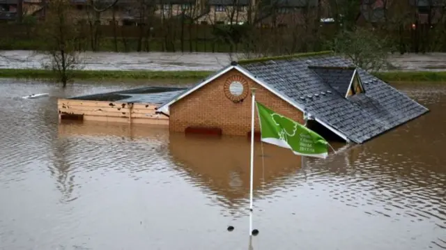 The bowling club in Taff's Well was surrounded by water