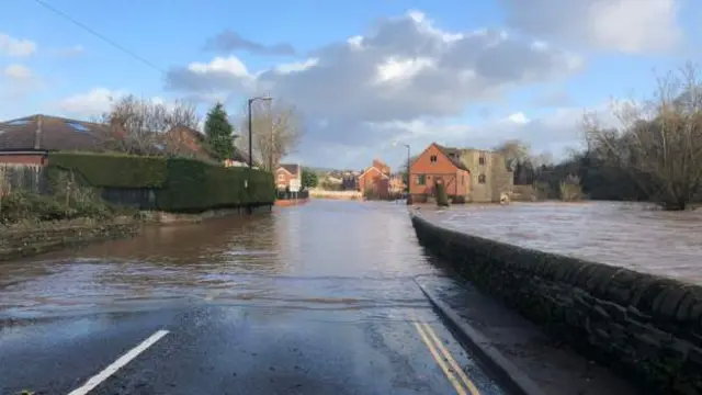 A flooded street in Shropshire