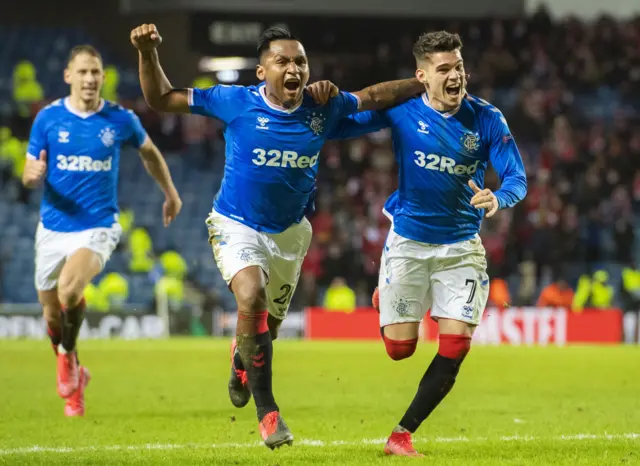 Rangers' Alfredo Morelos and Ianis Hagi celebrate