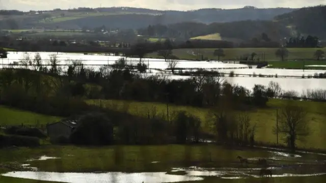 Flooded countryside near Hampton Bishop in Herefordshire