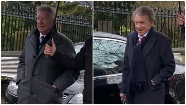 Sir Alex Ferguson and Denis Law arriving at the funeral for Harry Gregg