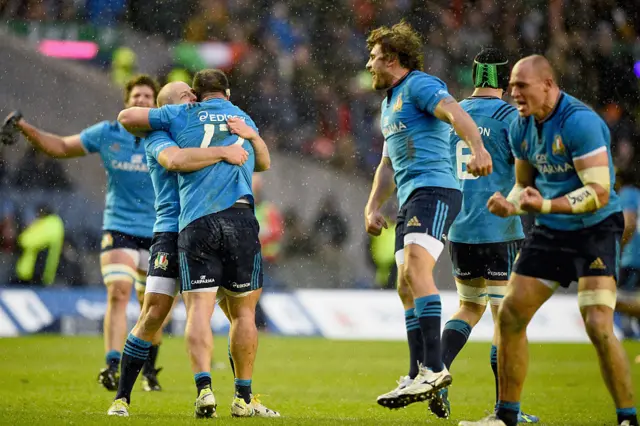 Italy celebrate a win over Scotland at Murrayfield in 2015, their last Six Nations win.