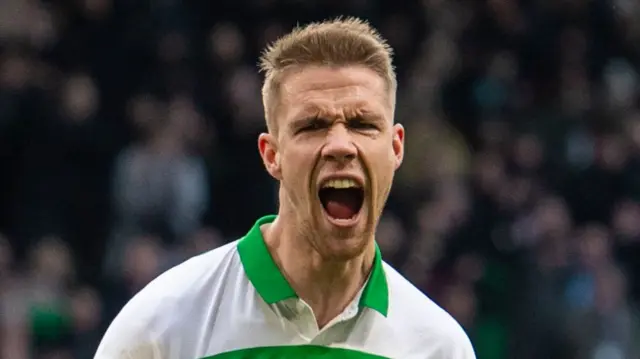 Kristoffer Ajer celebrates hauling Celtic level