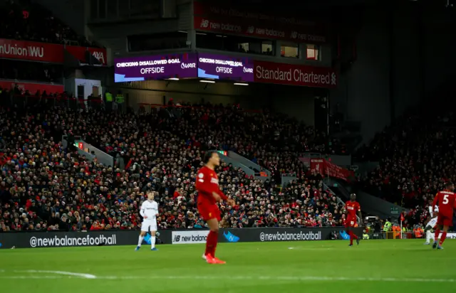 General view as the scoreboard displays a VAR decision to disallow a goal