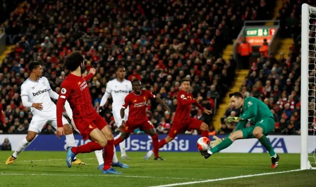 West Ham United's Lukasz Fabianski makes a save from Liverpool's Mohamed Salah