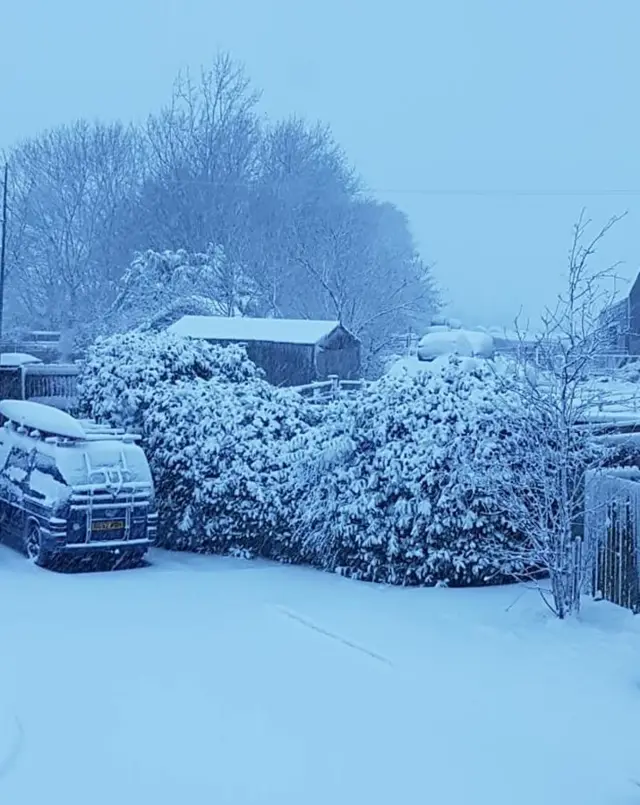 Snow on cars and houses