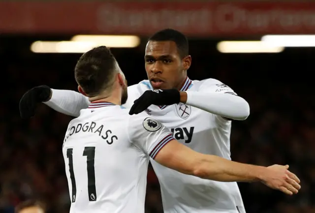 Issa Diop celebrates scoring their first goal with Robert Snodgrass