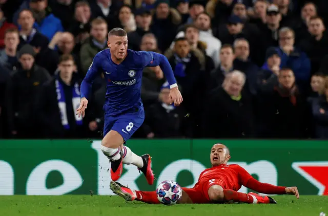 Chelsea's Ross Barkley in action with Bayern Munich's Thiago