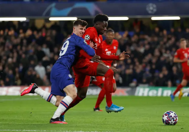 Chelsea's Mason Mount in action with Bayern Munich's Alphonso Davies