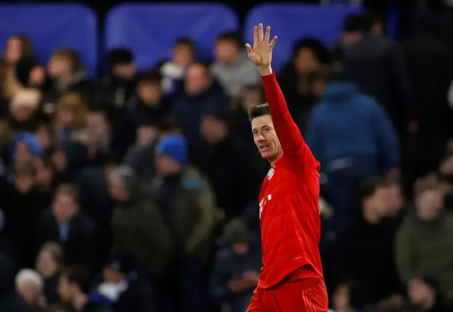 Bayern Munich's Robert Lewandowski celebrates scoring their third goal