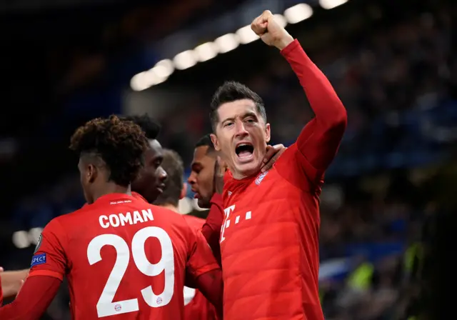 Bayern Munich's Robert Lewandowski celebrates after teammate Serge Gnabry scores their first goal