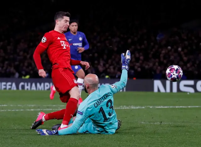 Bayern Munich's Robert Lewandowski in action with Chelsea's Willy Caballero