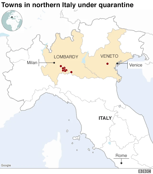 Map of areas of Italy affected by coronavirus