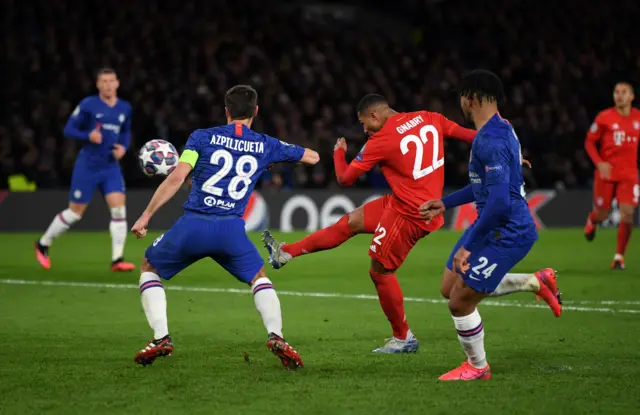 Serge Gnabry of Bayern Munich shoots over the bar