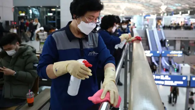 Cleaner sprays disinfectant in south Korea