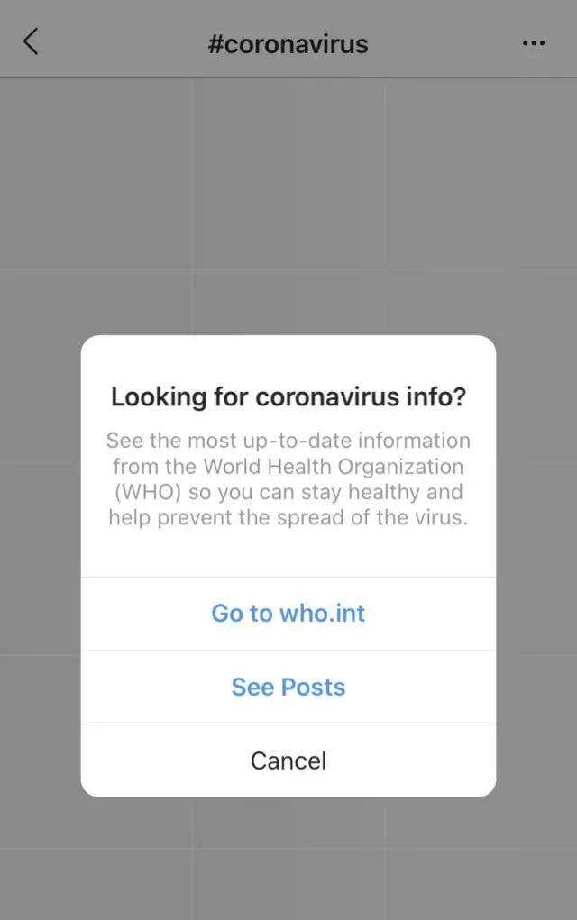 Instagram pop-up alert directing to WHO website