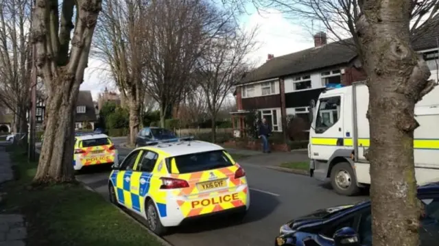 Police vehicles on a tree-lined residential street