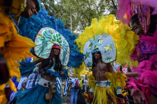 Brazilian dancers perform at a carnival parade in Sao Paulo