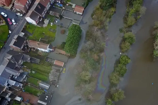 Aerial view of flooded town