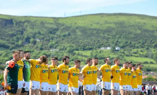 The Antrim gaelic football team line up before a match in Belfast