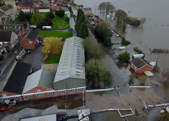 Aerial view of flooded town