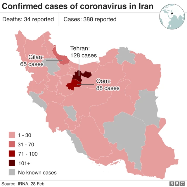 A map shows confirmed coronavirus cases in Iran