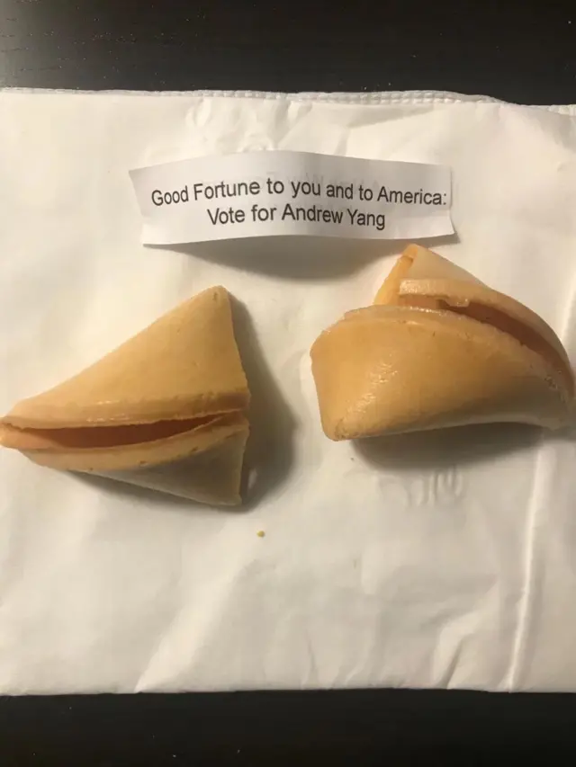 Fortune cookie saying Good fortune to you and to America. Vote for Andrew Yang