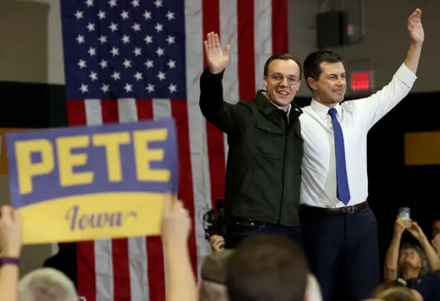 Buttigieg and his husband Chasen in Coralville, Iowa, on Sunday