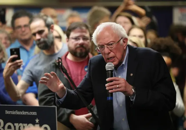 Bernie Sanders (I-VT) speaks during a stop at a campaign field office on February 02, 2020 in West Newton, Iowa