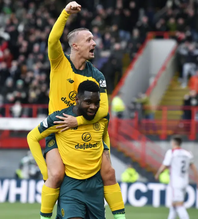 Celtic striker Leigh Griffiths celebrates with team-mate Odsonne Edouard