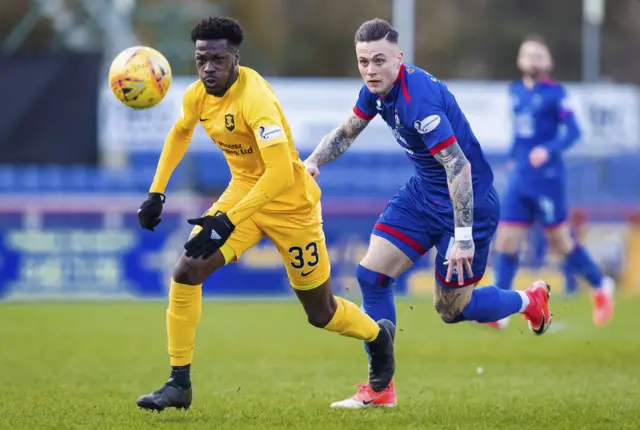 Steve Lawson and Miles Storey compete for the ball in a goalless first half in Inverness