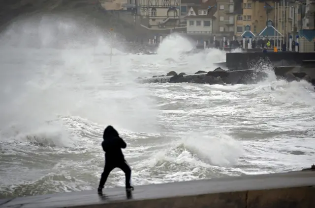 Waves crash against the breakwater during Storm Ciara at Wimereux, France