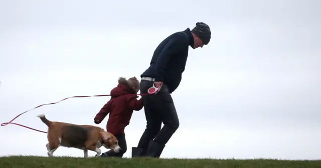 A man walks with a child and a dog on a dike against strong wind during the Storm Ciara in Harlingen, The Netherlands