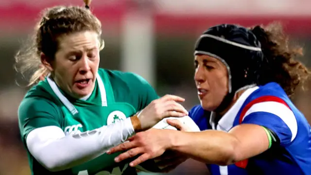 Caroline Boujard makes a break in last year's women's Six Nations game between Ireland and France