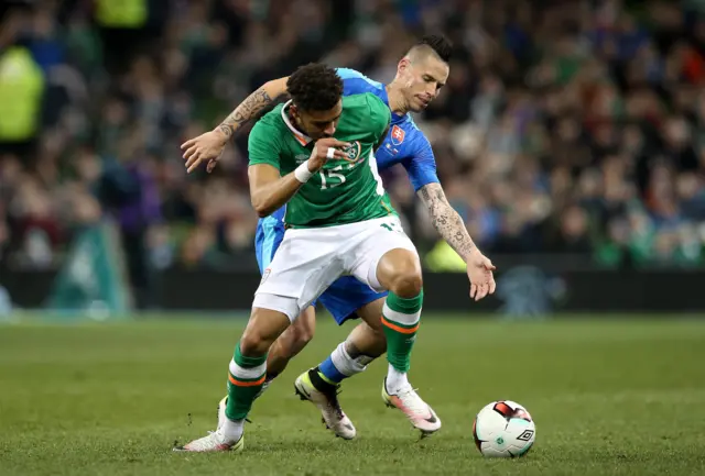 The Republic of Ireland's Cyrus Christie battles with Slovakia's Marek Hamsik in the friendly in Dublin in March 2016