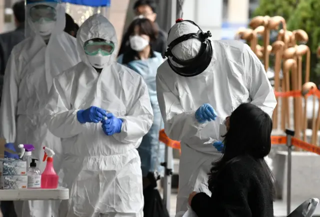 A picture of virus tests from the call centre in Seoul where dozens of workers have caught the virus and hundreds are being tested.