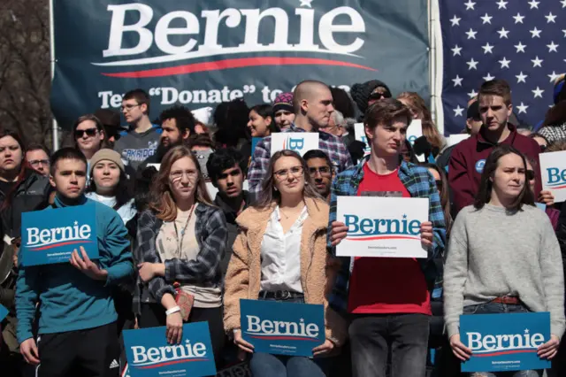 Supporters of Democratic presidential candidate Sen. Bernie Sanders (I-VT) attend a campaign rally in Calder Plaza on March 08, 2020 in Grand Rapids, Michigan